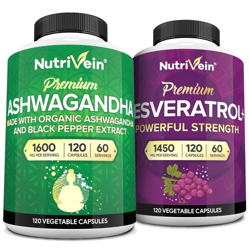 [BRSRABATCMPBQ23L] Nutrivein Premium Ashwagandha Capsules & Resveratrol Supplement Bundle: High-Absorption Resveratrol Capsules and Ashwagandha Supplements for Balance, Vitality, & Repair