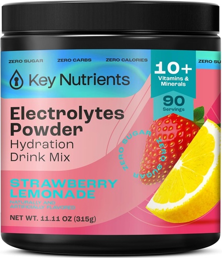[BRSRMAY6C57Q233K] KEY NUTRIENTS Electrolytes Powder No Sugar - Juicy Strawberry Lemonade Electrolyte Powder - Hydration Powder - No Calories, Gluten Free Keto Electrolytes Powder - 90 Servings - Made in USA