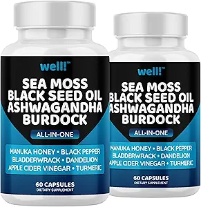 [BRSROBQOB54G2CAY] Sea Moss 3000, Black Seed Oil 2000, Ashwagandha 1000, Bladderwrack, Maca, Turmeric - Manuka Honey, Dandelion & Black Pepper, Super Antioxidants Supplement -120