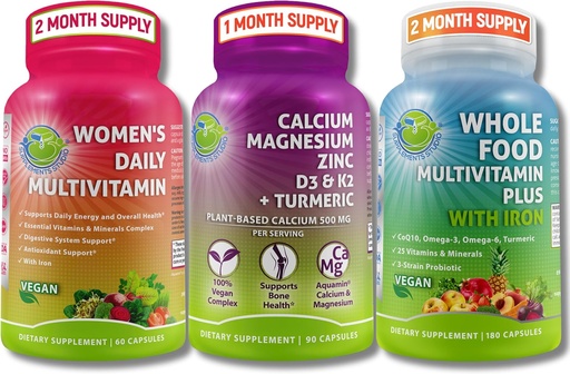 [BRSRAHAYBMIBG2D7] Vegan Multivitamins & Calcium Trio–Whole Food Multivitamin with Iron + Women’s Daily Multivitamin with Iron + Plant-Based Calcium, Magnesium, Zinc, D3, K2 & Turmeric – Energy, Bone & Immune Support