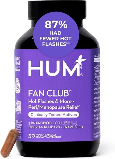 [BRSW2GA7AEPGCETF] HUM Fan Club Menopause Probiotic Supplement, Estrogen Free Menopause Supplements for Women, Non Hormonal, Supports Energy & Hot Flashes, Grape Seed Extract & Siberian Rhubarb, 30 Vegan Capsules