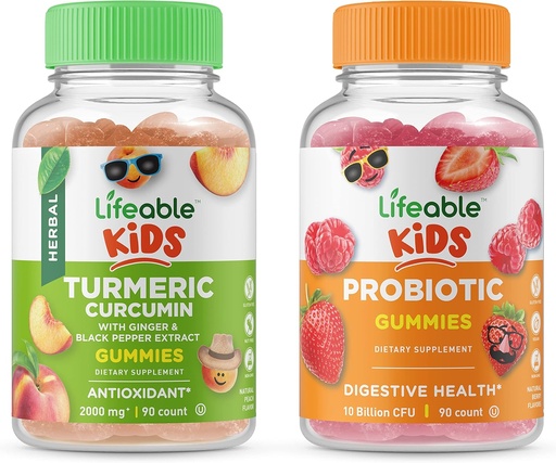 [BRSRMZQTC4MBE3DL] Dzīvojams kurkumīns Kids + probiotikas 5 miljardi bērnu, gumijas Bundle - Great Tasting, vitamīnu piedevas, bez lipekļa, bez ĢMO, bez košļājamā gumija