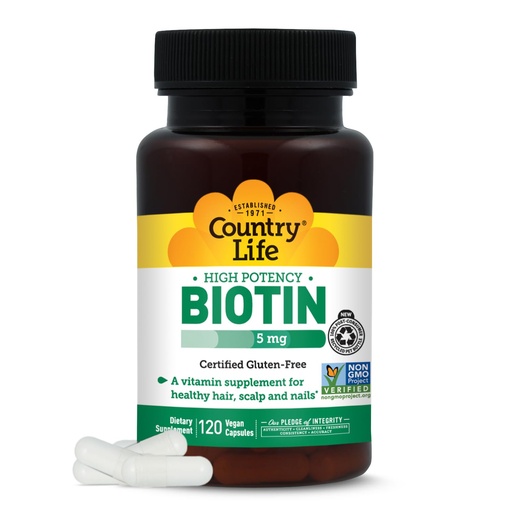 [BRSWIYQ4CJYQIHTG] Country Life Biotin High Potency, 5mg, 120 Count, Certified Gluten Free, Certified Vegan, Verified Non GMO
