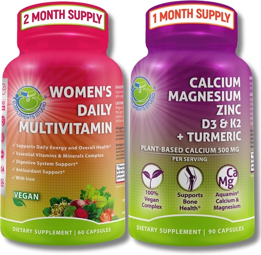 [BRSRAHA5CIHRU3AY] SUPPLEMENTOS STUDIO Integral Wellness & Bone Health Bundle - Women's Daily Multivitamin with Iron + Plant-Based Calcium, Magnesium, Zinc, D3, K2 & Turmeric - Vegan, Non-GMO, Clean Ingredients