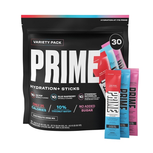 [BRSRAZT2O4CRQAY4] PRIME HYDRATION + Sticks Variety Pack 124; Hydration Powder Single Serve Sticks 124; Electrolyte Powder On The Go Sugar 124; Low Sugar Sugar 124; Caffeine- Free Caffeine- 124; Vegan Powers 124; 30 Sticks