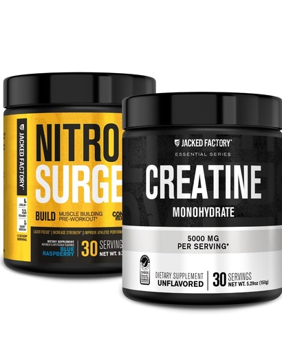[BRSRA2TYAENRSEL4] Jacked Factory Nitrosurge Build Pre Workout with Creatine for Muscle Building (30 Servings, Blue Raspberry) & Creatine Monohydrate Powder for Muscle Growth & Recovery (30 Servings, Unflavored)