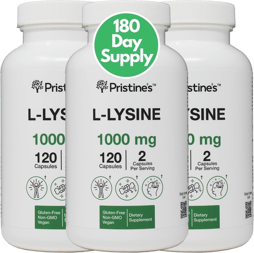 [BRSRAEA3CN7AYC3F] PRISTINE'S L Lysine 1000mg (3 Pack) Lip & Gum Health Essential Amino Acid Immunity Support Supplement Capsules -180 Day Supply Muscle & Tissue Support - Collagen Production - Vegan Gluten Free Non GMO