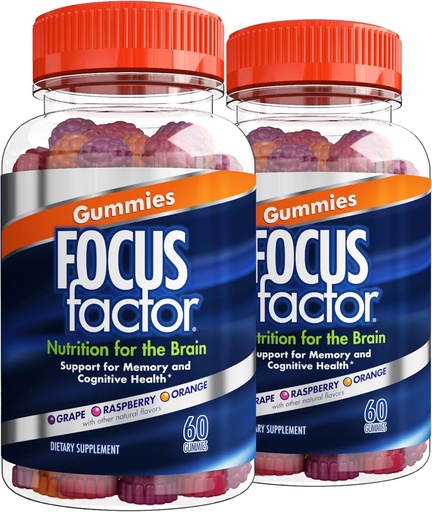 [BRSW2EIYAUOQ4FDG] Focus Factor Nootropic Gummies, Memory Supplement for Brain, Phosphatidylserine, Bacopa, Huperzine A, 60 Count, Pack of 2
