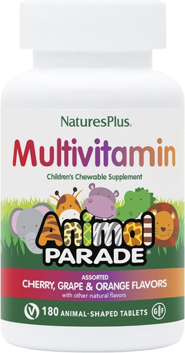 [BRSWYBLQCQHBQAA6] NaturesPlus Animal Parade Children's Chewable Multivitamin - 180 Animal-Shaped Tablets, Pack of 3 - Natural Assorted Flavors - Vegan, Gluten Free - 270 Total Servings