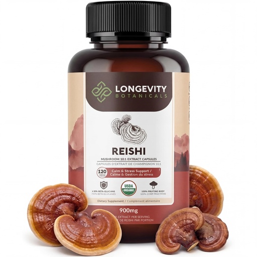 [BRSROGL4DEHGM3IZ] Longevity Botanicals Organic Reishi Mushroom Capsules Supplement Extract 120ct | Ganoderma Lucidum Fruiting Body | ≥30% Beta-D-Glucans | 40 Servings of 900mg | Supports Stress & Immune Wellness