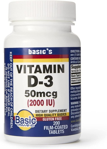 [BRSWICQEOEDR23TM] Basic Vitamins Natural Vitamin D-3 2000 IU - 200 Film-Coated Tablets