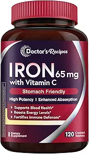 [BRSRAHYHOIGRGHT6] Doctor's Recipes Iron Supplement 65 mg with Vitamin C - Maximized Absorption & Stomach Friendly Iron Pills for Red Blood Cells Formation, Heart, Brain & Immunity Health - Vegan Non-GMO 120 Iron Tabs