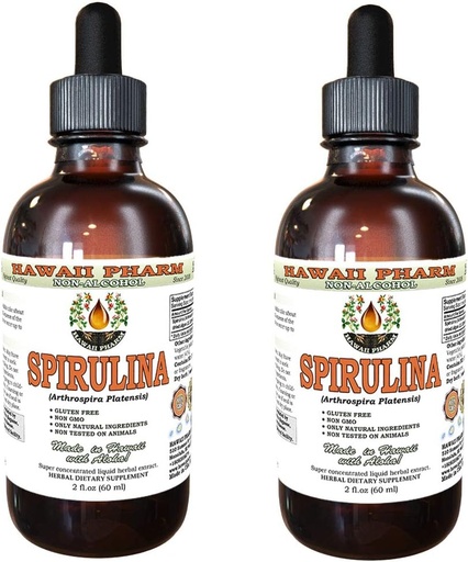 [BRSWKEACOQPAKG3O] Spirulina Alcohol-Free Liquid Extract, Organic Spirulina (Arthrospira platensis) Dried Algae Glycerite Natural Herbal Supplement, Hawaii Pharm, USA 2x2 fl.oz
