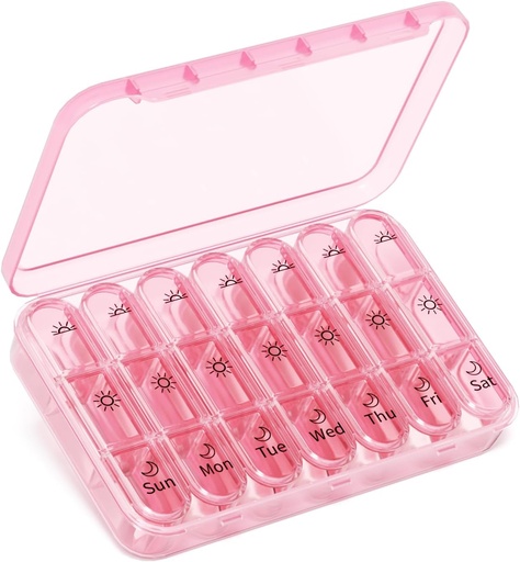 [BRSRAGQKDMDWE2DD] Pill Organizer 3X a Day｜Pink Perfection Portable Pill Case｜7-Day Weekly Compartment｜Stylish Travel Essential for Fashionistas｜BPA-Free Health Companion｜Luxury Bag Must-Have