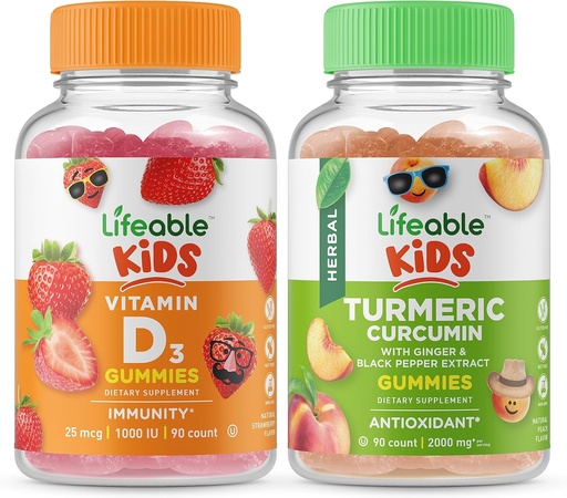 [BRSW2HADCN6AKGTJ] Lifeable Vitamin D Kids + Turmeric Curcumin Kids, Gummies Bundle - Great Tasting, Vitamin Supplement, Gluten Free, GMO Free, Chewable Gummy
