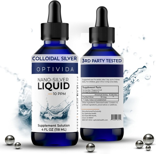 [BRSROHAOOEDW2E3X] Optivida Health Colloidal Silver Liquid (4 oz) - 매일 웰빙 및 면역 지원을위한 프리미엄 나노 실버 콜로이드 보충, 성인 및 어린이, 비 GMO, 글루텐없는 자연 액체 실버 하이드로 솔