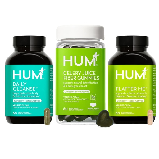 [BRSROGA6BYHGECDX] HUM Green Detox Bundle with Flatter Me Digestive Enzymes, Daily Cleanse Acne Supplement, and Celery Juice Fiber Gummies with Chlorophyll, 3-Step Wellness Set, Supports Digestive & Gut Health