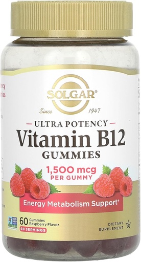 [BRSROGQTA4AQEYLL] Solgar Methyl B12 Gummies for Adults 1,500mcg Ultra Potency Vitamin for Energy & Metabolism Support, Raspberry Flavor, Vegan &amp; Gluten-Free Gummy for Women &amp; Men, 2 Month Supply, 60 Servings, 2g Sugar