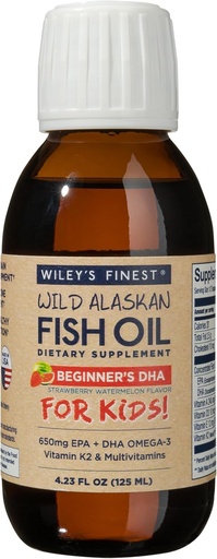 [BRSWKF34DMAQED36] Wiley's Finest Wild Alaskan Beginner’s DHA - Liquid Fish Oil Supplement for Kids Ages 1 and Up - 650mg of EPA and DHA Omega-3s - Strawberry Watermelon Flavor - 4.23 Oz (50 Servings)