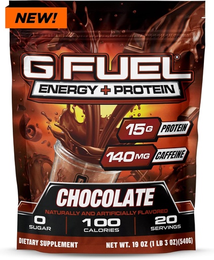 [BRSRAZT7OIPBA3TB] G Fuel Protein + Energy Drink Powder, Pre Treeni kofeiini Mix Gaming, Sugar Free Focus Amino, vitamiini + antioksidantteja, 19oz (suklaa, 20 tarjoilua)