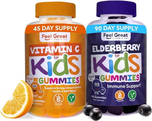 [BRSROBADCABGKCI4] Feel Great Immune Support Gummies for Kids Duo - 90 Day Supply - Zinc, Vitamin C, Elderberry - Gluten Free, Plant Based - Tasty Berry & Citrus Gummies