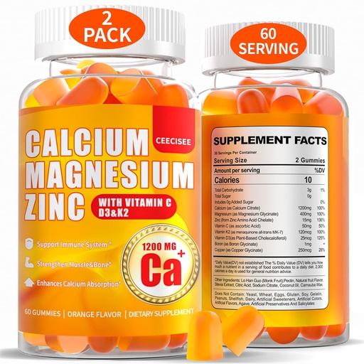 [BRSRAATRDIGQGHIY] Calcium Magnesium Gummies for Women Men: 1200mg Calcium Citrate Zinc Gummy with Vitamin C D3 K2 - Vegan Sugar Free Chewable High Absorption Enegy Immune Support Supplement(120Count)