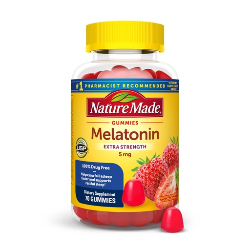 [BRSRM2QZC4PAK23F] Nature Made Melatonin 5mg Adult Melatonin Gummies, 100% Drug Free Sleep Aid, 70 Gummies, Extra Strength Nature Made Melatonin