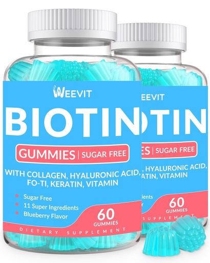 [BRSRA2Q2OB7GKH3D] WEEVIT Sugar-Free Biotin Gummies, Biotin and Collagen Gummies with Keratin, Hyaluronic Acid for Women & Men | Hair Growth, Glowing Skin & Strong Nails | Vitamin B7 Supplement, Non-GMO, Chewable