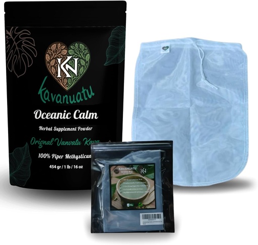 [BRSRAHACBF6WOE36] Kava Powder and Strainer Bundle | Premium Vanuatu Kava Root Powder (16oz) for Calmness & Relaxation with 100 Micron Fine Mesh Strainer Bag for Smooth Kava Preparation