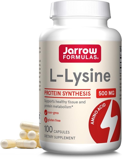 [BRSWIZABPINA2DTU] Jarrow Formulas L-Lysine 500 mg, Dietary Supplement, Amino Acid for Protein Synthesis and Healthy Tissue Support, 100 Capsules, 100 Day Supply