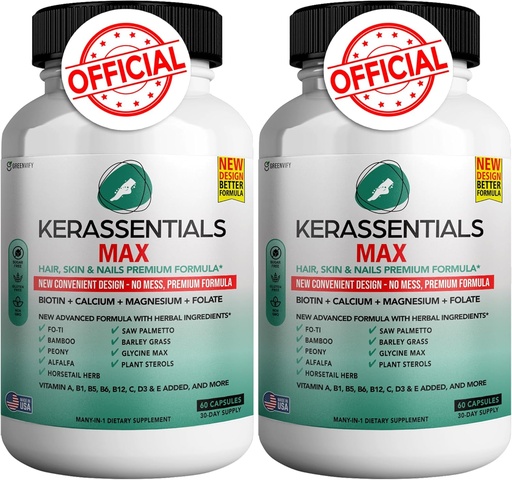 [BRSRAAD6A5YGCC37] Kerassentials Max - Hair, Skin & Nails Suplemento de soporte | Biotina, calcio, magnesio, Folate & Herbal Blend | Fórmula Premium | 120 cápsulas, Vegan & Gluten-Free