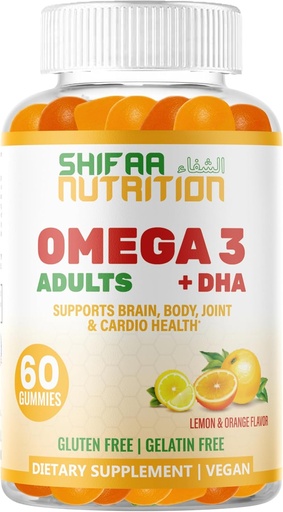[BRSWGCD3DEGQEELG] SHIFAA NUTRITION Vegan Omega 3 Gummies for Adults | No Fish Oil Burps | 60 Gummies | Plant Based w/Chia Oil, Algae | Omega 3 6 9 w/DHA, Vitamin C | for Brain, Cardiovascular & Immune Support Halal