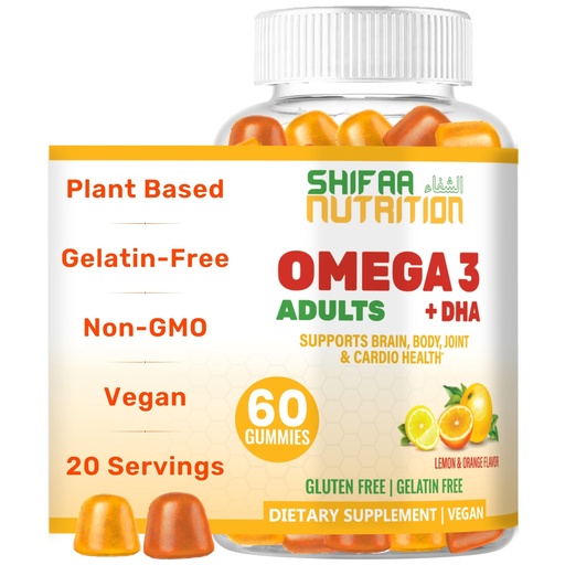 [BRSWGCD3DEGQEELG] SHIFAA NUTRITION Vegan Omega 3 Gummies for Adults | No Fish Oil Burps | 60 Gummies | Plant Based w/Chia Oil, Algae | Omega 3 6 9 w/DHA, Vitamin C | for Brain, Cardiovascular & Immune Support Halal