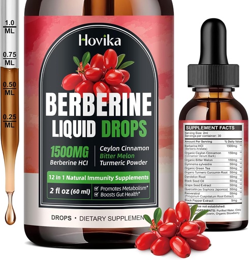 [BRSRAZIEOQOWEHTL] Berberine HCL Liquid Drops - 1500 mg Highly Absorbable Berberine Liquid Drops - Berberine Veggie Supplement for Immune, Digestion System and Heart Health Support, Strawberry Flavor- 2 FL Oz