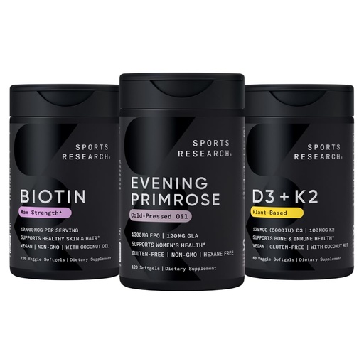[BRSRAZY5CRYQMAIU] Sports Research® Women's Health Support - Vegan Biotin 10,000mcg with Coconut Oil, Evening Primrose Supplement from Cold Pressed Oil and Plant Based Vitamin K2 MK7 + Vegan D3 5000iu