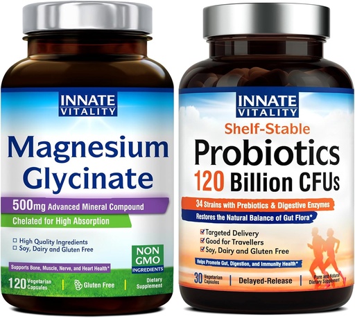 [BRSROGT2OEGRGFI7] Innate Vitality Magnesium Glycinate & Probiotics 120 Billion Bundle, Ez-GMO, No Gluten Dairy Soy & Vegan, Magnesium (120 Caps) & Probiotic (30 Caps)