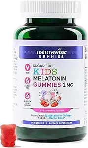 [BRSRA2Y3AEIWY3A3] NatureWise Kids Melatonin 1 mg Sugar-Free Gummies for Children Ages 4 & Up - Non-Habit Forming Sleep Aid - Strawberry Flavored - Vegan, No Gluten, Non-GMO - 90 Count[3-Month Supply]