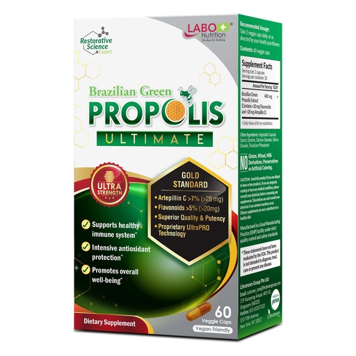 [BRSWY2YHCIPAKFD4] LABO Nutrition Brazilian Green Propolis Ultimate - Contains >7% or 28mg per Serving Artepillin C & >5% Flavonoids, for Immune & Brain Support, Natural, High Concentrate & Premium, 60 Veg Capsules