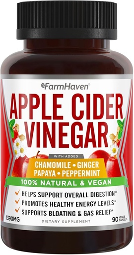[BRSWYYAZAV5G23D5] Apple Cider Vinegar Capsules With Ginger, Papaya & Chamomile | 1390mg | Improves Digestion, Energy, Immunity | Soothes Gas & Bloating Issues | Like With Mother | Non-GMO & 100% Natural | 90 Capsules