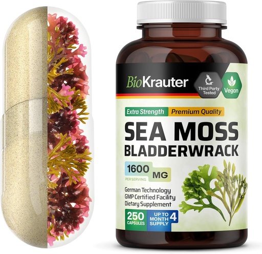 [BRSWGHYHPN4GYYAY] BIO KRAUTER Irish Sea Moss Capsules 1600 mg - 250 Compte - Vegan Bladderwrack avec supplément de mousse de mer Chondrus Crispus