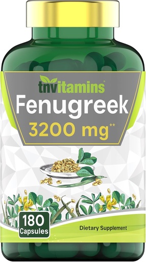 [BRSRAFABCFYQIAL6] tnvitamins Fenugreek Capsules: 3200 mg - 180 Capsules | Fenugreek Supplement for Men & Women | Fenugreek Seed Powder Extract | Non-GMO | Made in The USA!