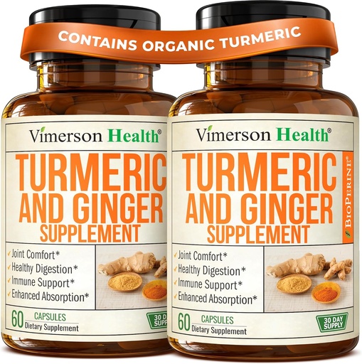 [BRSRAYAQOANREGQV] Turmeric Curcumin Supplement with Ginger Root for Joint Support, Digestive & Gut Health - Contains Organic Turmeric Curcumin with Black Pepper (Bioperine) for Enhanced Absorption - 60 Capsules, 2 Pack