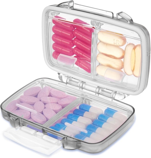 [BRSROHADCF4AIEL5] Fullicon Travel Pill Organizer, 4 Compartments Portable Pill Case, Moisture Proof Small Pill Box with Labels, Travel Pill Case with Double Lock, Pocket Pharmacy for Vitamin D3 & Fish Oil (Grey)
