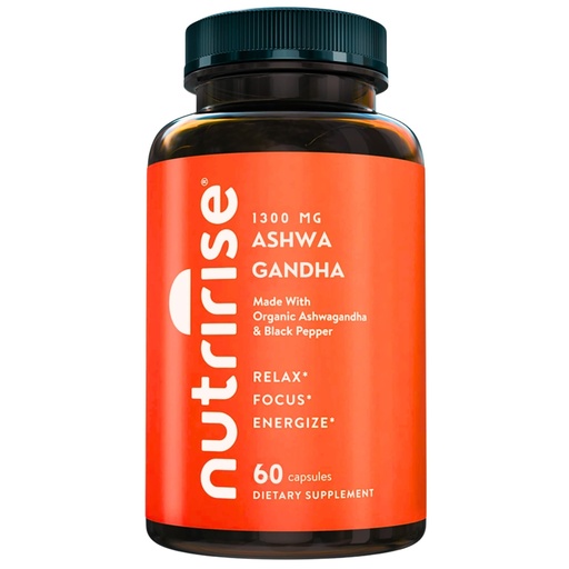[BRSRAYA2OAJQKHI3] NutriRise Organic Ashwagandha Root Capsules with Black Pepper, 1300mg, Natural Stress & Mood, Thyroid & Immune Support Supplement, Clarity, Focus & Energy, Gluten Free, 60 Count