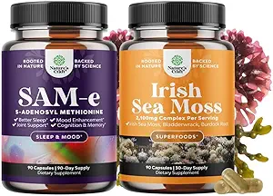 [BRSRMAI7A4IR6CTG] Bundle of Pure SAM-E Nootropic Brain Supplement and Organic Irish Sea Moss Capsules -Immune Support and Mood Support Supplement - Sea Moss and Bladderwrack Capsules with Burdock Root Superfood Blend