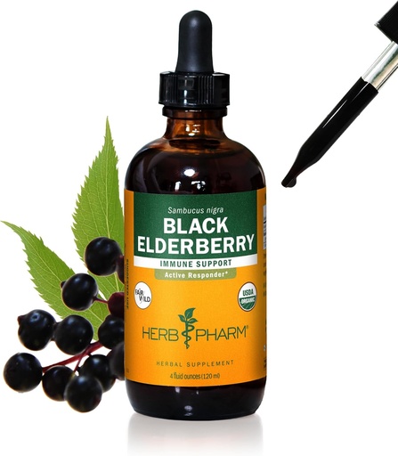 [BRSWIYQPCUGQ2FDM] Herb Pharm Certified Organic Black Elderberry Liquid Extract for Immune System Support, Organic Cane Alcohol, 4 Ounce