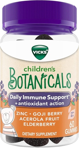 [BRSW2ZAECEPAA3DD] Vicks Children's Botanicals Daily Immune Support* + Antioxidant Action, Gummies, Made with Zinc, Goji Berry, Acerola Fruit, and Elderberry, 60 ct