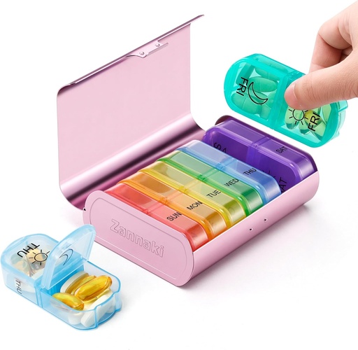 [BRSRAYIFCIMBYETA] Zannaki Metal XL Weekly Pill Organizer 2 Times a Day, Large Travel Daily Pill Box 7 Day, Portable Week Twice Pill Holder Container, AM PM Pill Case for Medicine Vitamin Medication Supplement, Pink