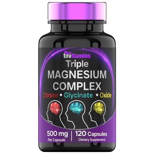 [BRSRAFIDB55A2AA3] Triple Magnesium Complex Supplement 500mg: Magnesium Glycinate, Citrate, & Oxide - 120 Capsules (4 Month Supply!) | 1 Capsule Serving Provides 125% Daily Value | Non-GMO, Made in The USA!