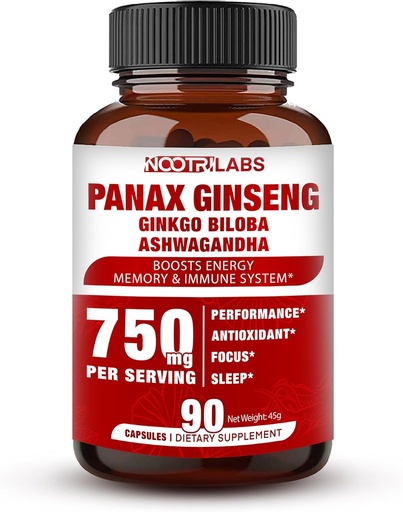 [BRSRMBIRCMIB43QV] Korean Red Panax Ginseng 750mg Highest Potency with Ginkgo Biloba and Ashwagandha, Boost Energy, Memory, and Immune System - Focus Supplement Pills for Men and Women, 90 Vegan Capsules
